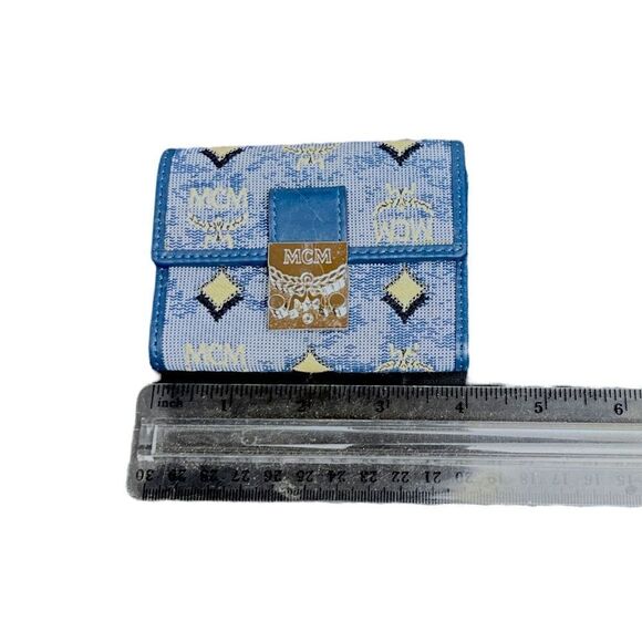 NWOT Auth MCM Veritas Trifold Small Monogram Logo Blue Snap Closure Mini Wallet - Picture 8 of 9